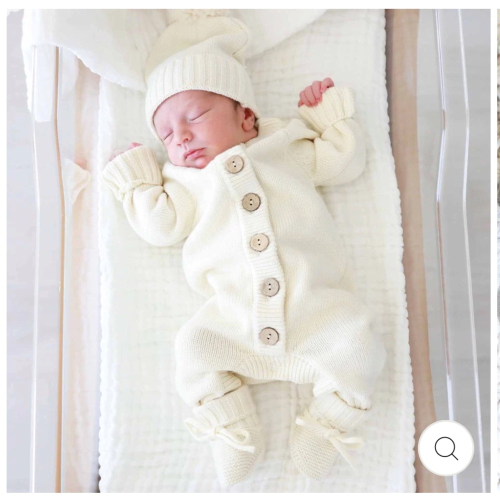 Caden Lane Ivory Knit Sweater Button Romper (Hat and Booties Included)